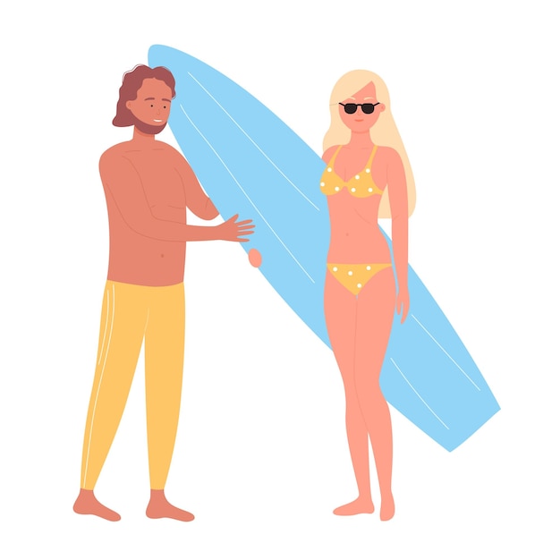 Koppel op strand zomervakantie met surfplank