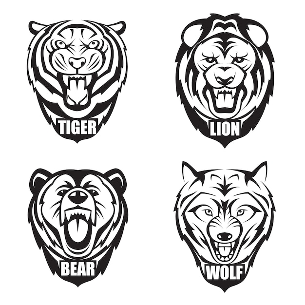 koppen van beer, wolf, tijger en leeuw