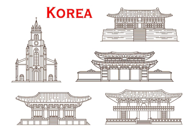 Vettore corea architettura facciate vettore linea sottile icone