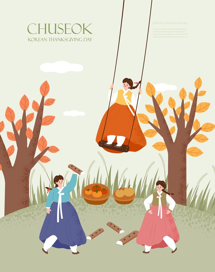 Korea tradition  illustration. Chuseok, Happy Korean Thanksgiving Day.