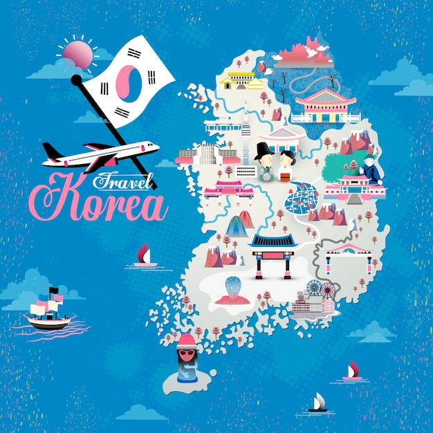 Korea travel map design with attractions