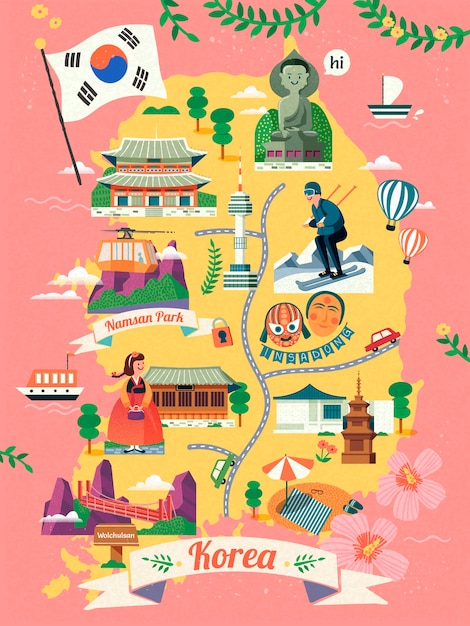 벡터 한국 여행지도, 아름다운 한국의 유명한 랜드 마크와 문화의 상징, 분홍색 배경의지도