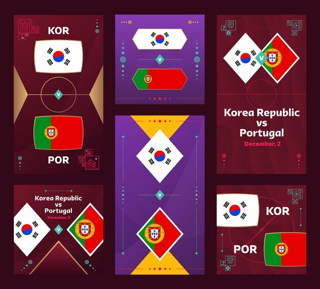 韓国対ポルトガルマッチワールドフットボール2022ソーシャルメディア2022用の垂直および正方形のバナーセット