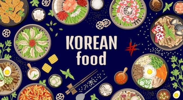 Koreaans diner achtergrond closeup traditionele aziatische maaltijd bovenaanzicht barbecue eten buffet korea schotel oosterse keuken chic vector poster