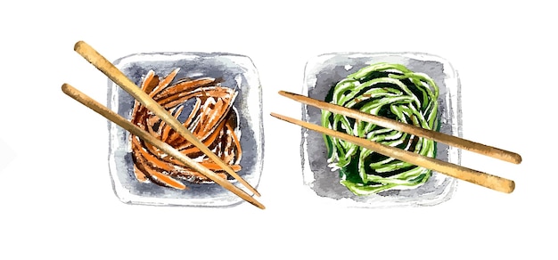 Koreaans eten aziatische aquarel illustratie wortelen chuka salades