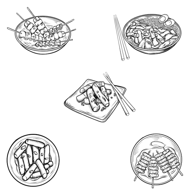 Koreaans eten illustratie Hand getrokken schets. Koreaans straatvoedselmenuontwerp. Tteokbokki, Rabokki