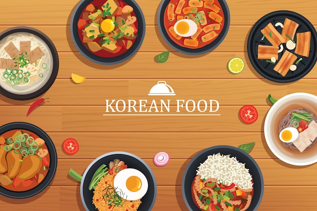 Koreaans eten op een houten tafel achtergrond.