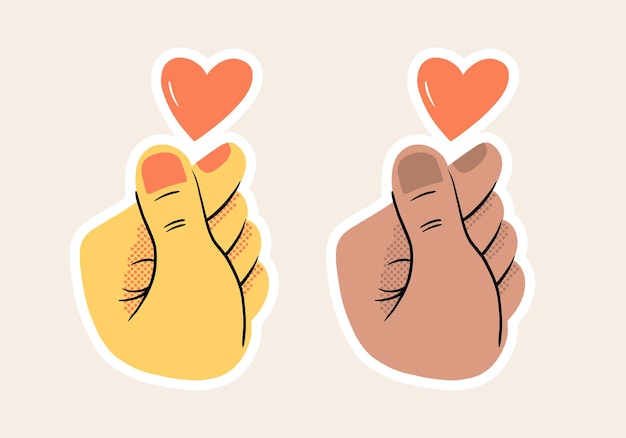 Koreaans hartteken symbool van liefde op de vingers moderne platte vector handgetekende illustratie koreaans ontwerp multietnisch