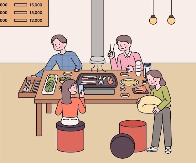 Koreaans samgyeopsal-restaurant Een illustratie die de speciale cultuur van gegrild vlees in Korea laat zien