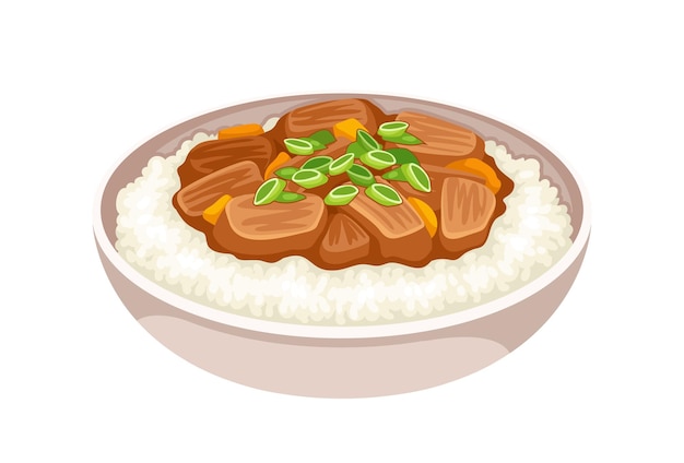 Vector koreaans voedselconcept rijst met vlees in een kom cafe en restaurant menu catering aziatische cultuur en eten poster of banner cartoon platte vector illustratie geïsoleerd op witte achtergrond