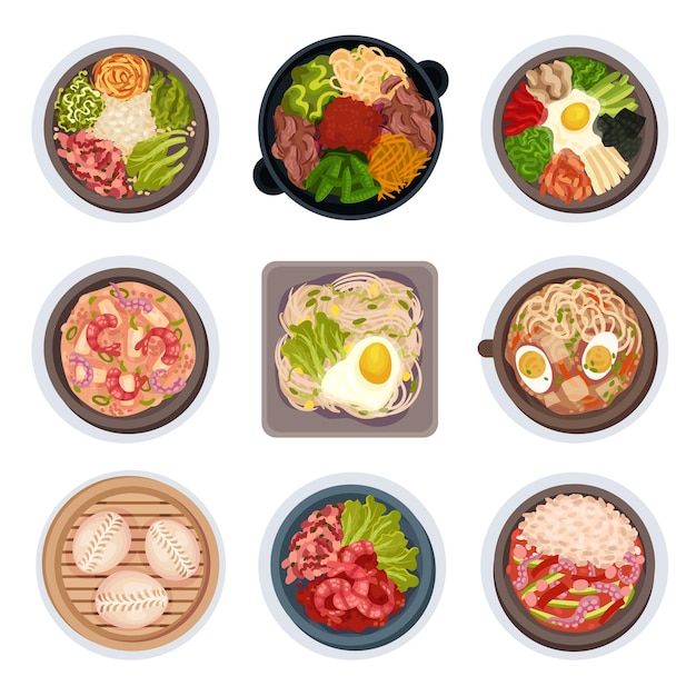 Koreaanse Food Layouts Top View Vector Illustraties Set