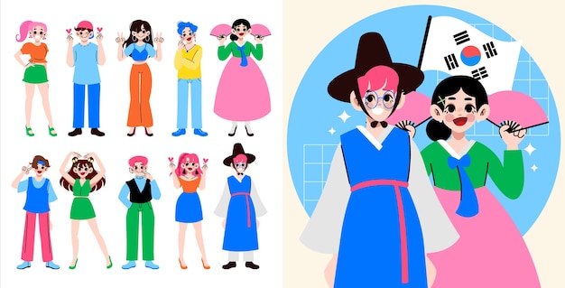 Koreaanse mensen in handgetekende ontwerpen
