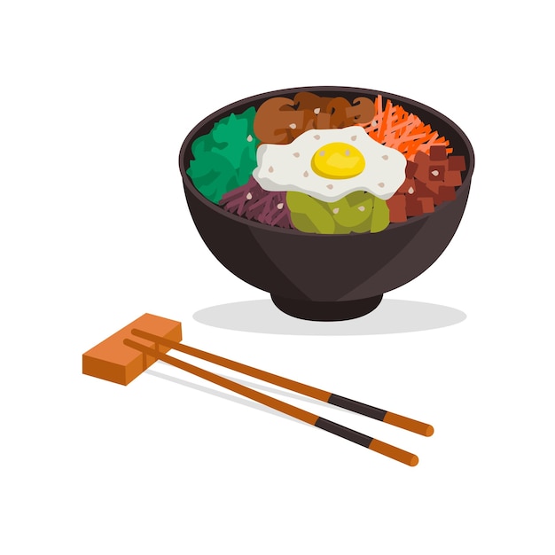 Koreaanse nationale keuken. Pibimpap. Rijst, groenten, vlees, ei, sesam.