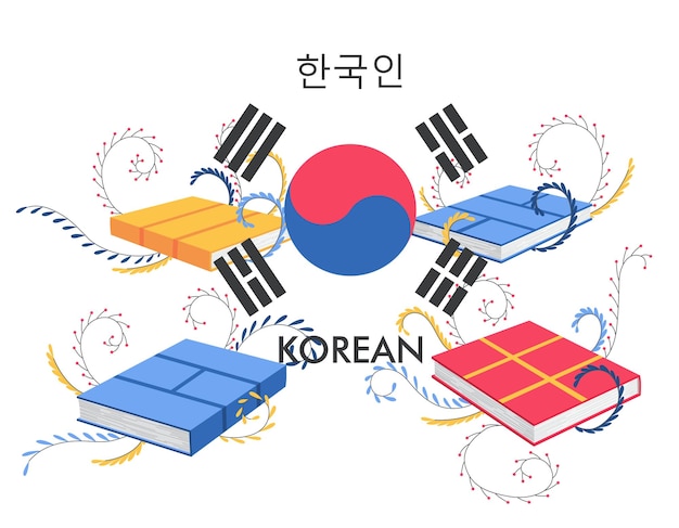 Koreaanse taal Nieuwe taal leren Afstandsonderwijs online leercursussen concept Boeken lezen Onderwijs vreemde talen vectorillustratie