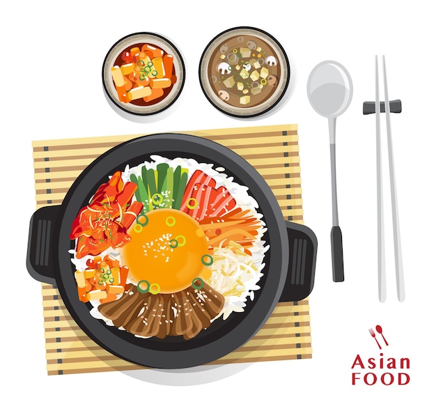 ベクトル 韓国のビビンバセット、黒いボウルにさまざまな材料を混ぜたご飯、上面図