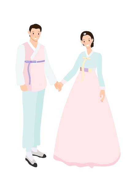 Korean couple in traditional dress for wedding or Chuseok flat style