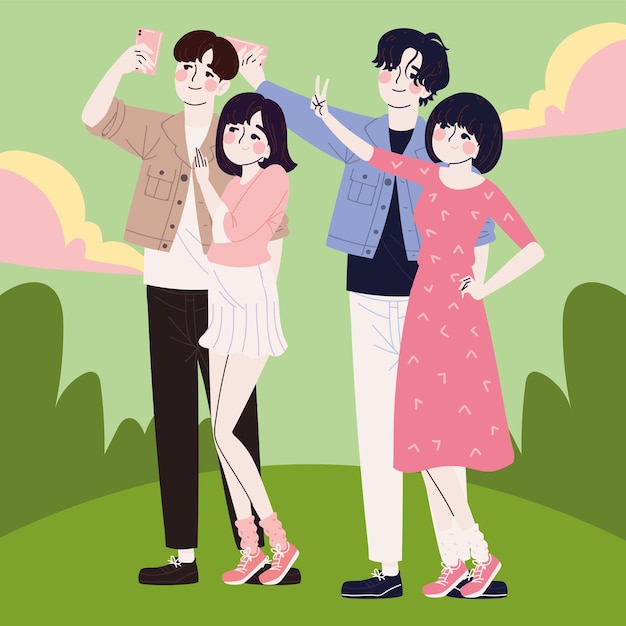 Vector korean couples with smartphone