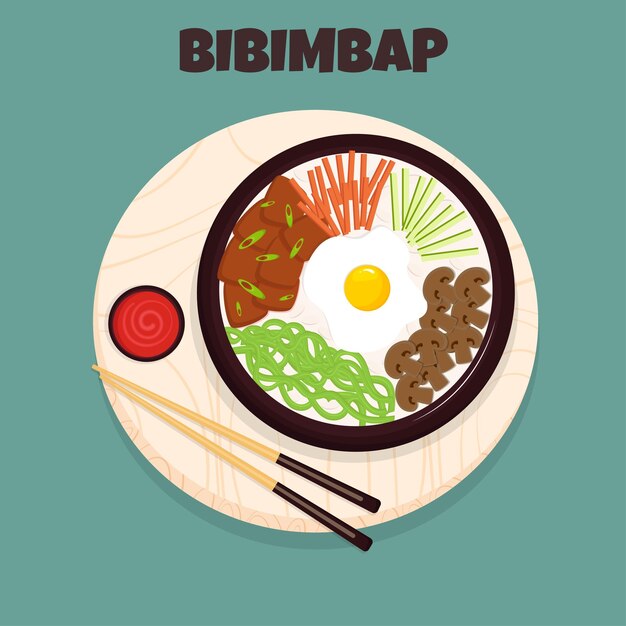 Korean cuisine dish bibimbap on the wooden cutting board. top view