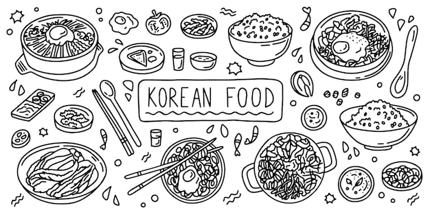 韓国料理食品ラインシンプルな落書きアウトラインスタイルベクトルストック黒と白のイラスト