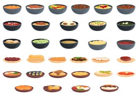 한국 요리 아이콘을 설정합니다. 웹 디자인을 위한 한국 요리 벡터 아이콘의 만화 세트