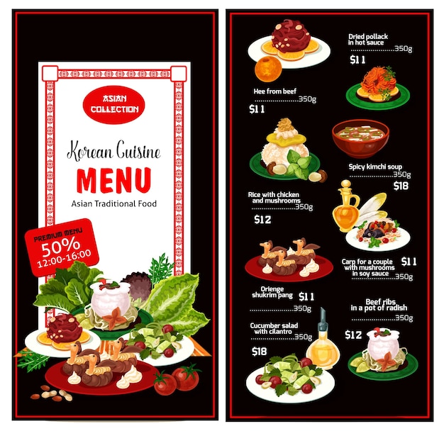 Vector korean cuisine menu dishes and desserts
