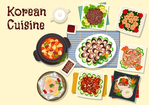 korean cuisine traditional grilled beef bulgogi icon with pork ribs in soy sauce, beef stew in daikon pot, blood sausage, starch noodle with beef, spinach shrimp, baked trout, pork tofu soup