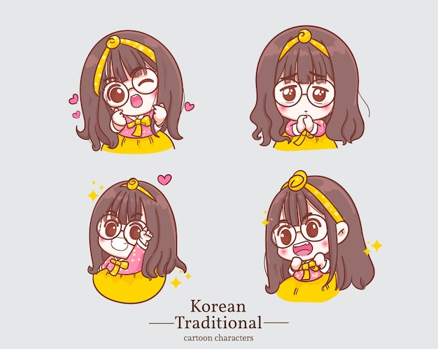 Vector korean cute girls in traditional korean hanbok dress cartoons character. set illustration