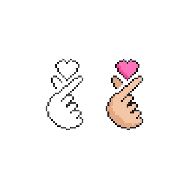 Korean finger heart love hand gesture pixel art line icon vector icon illustration