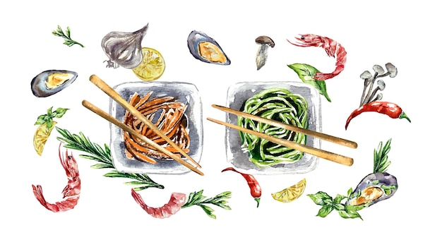 Korean food asian watercolor illustration carrots chuka salads with lemon, shrimps, mussels