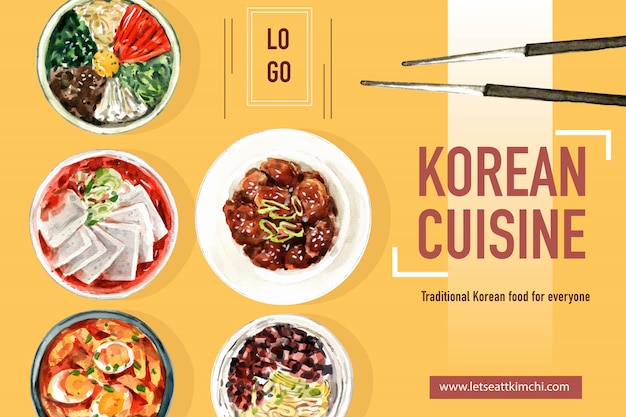 Korean food design with noodles, spicy chicken watercolor illustration.