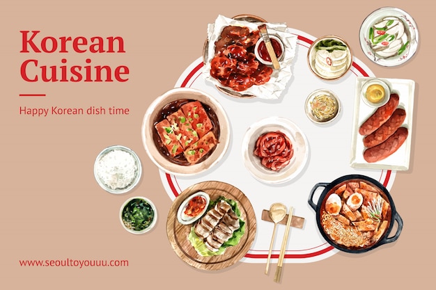 라면, 매운 치킨 수채화 일러스트와 함께 한국 음식 디자인.