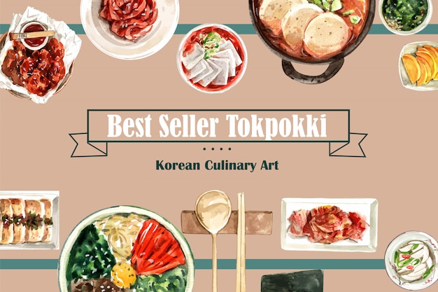 Korean food design with spicy chicken, kimchi, ddukbokki watercolor illustration.