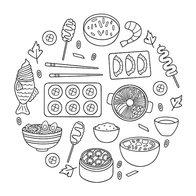 Vector korean food doodle set asian cuisine in sketch style