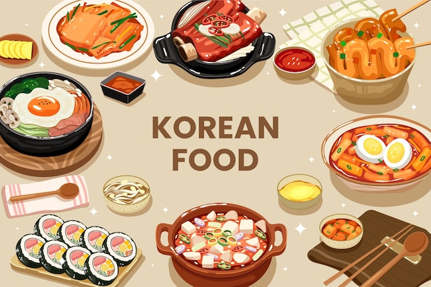 Korean food in flat hand drawn style