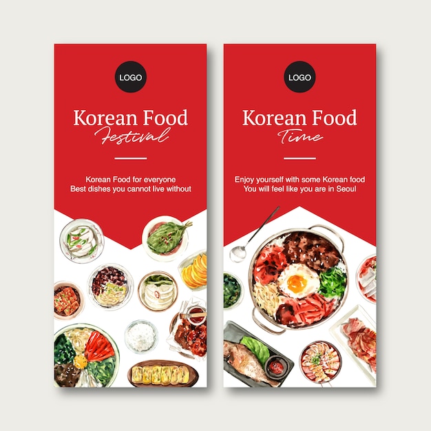 Korean food flyer design with bibimbap watercolor illustration.