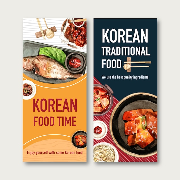 Korean food flyer design with spicy chicken, fish watercolor illustration.