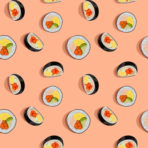 Korean food Kimbap also known as gimbap Seamless vector pattern for asian cafe restaurant Design for fashion fabric textile wallpaper cover Vector illustration