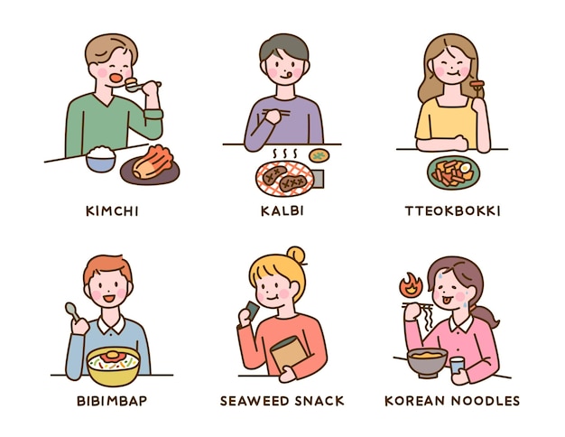 Korean food menus. Cute characters are eating delicious food.