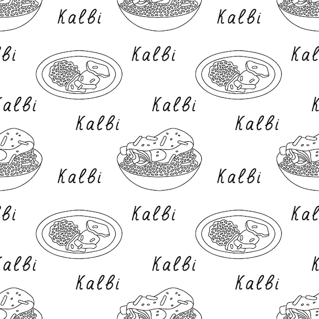 Korean food outline seamless pattern with lettering for menu packaging design. kalbi