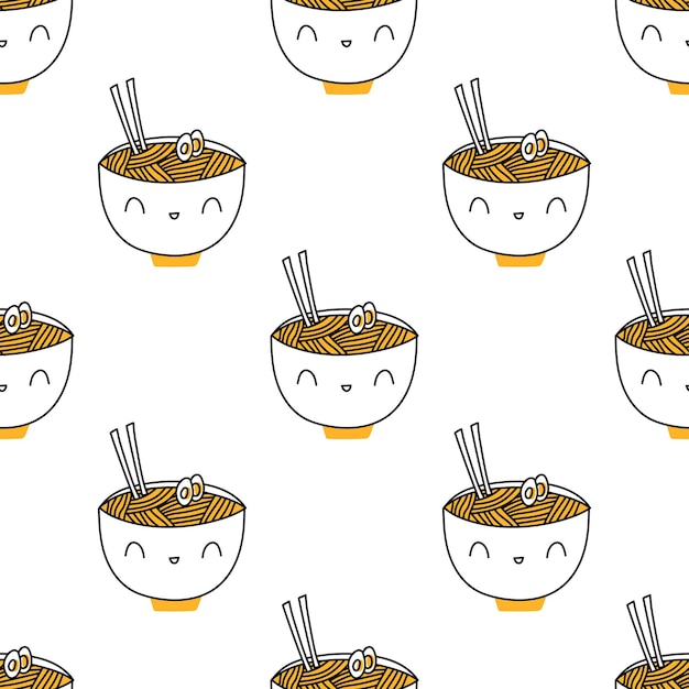 Корейская еда узор Узор миски японская милая лапша Векторный фон оберточная бумажная ткань в мультяшном стиле