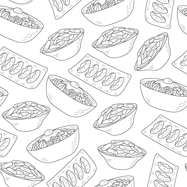 Modello senza cuciture di cibo coreano in stile doodle