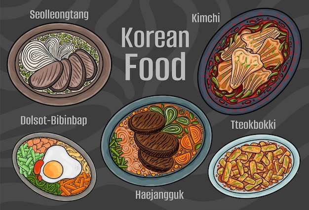 Vector korean food a set of classic dishes cartoon hand drawn illustration
