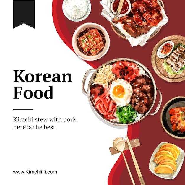 Progettazione sociale di media dell'alimento coreano con kimchi, riso, illustrazione dell'acquerello di bibimbap.