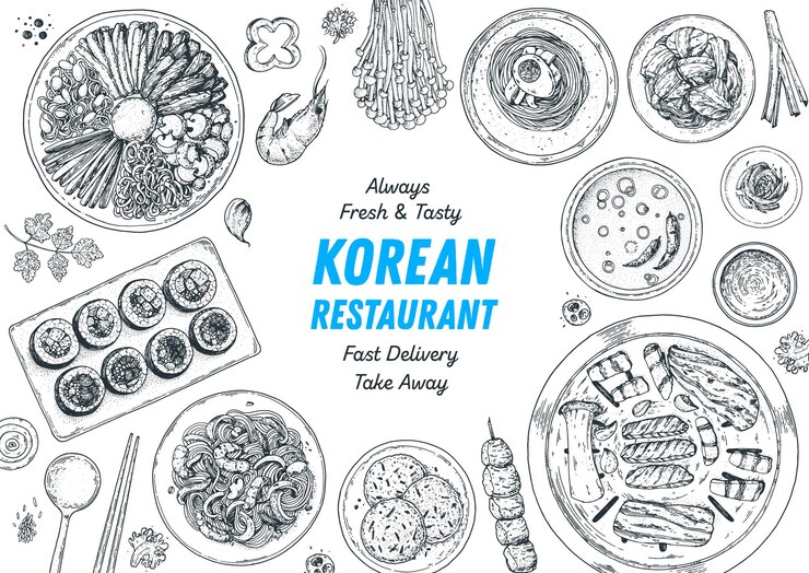 Vector korean food top view illustration hand drawn sketch bibimbap kimchi kimbap noodles skewers korean street food take away menu design vector illustration