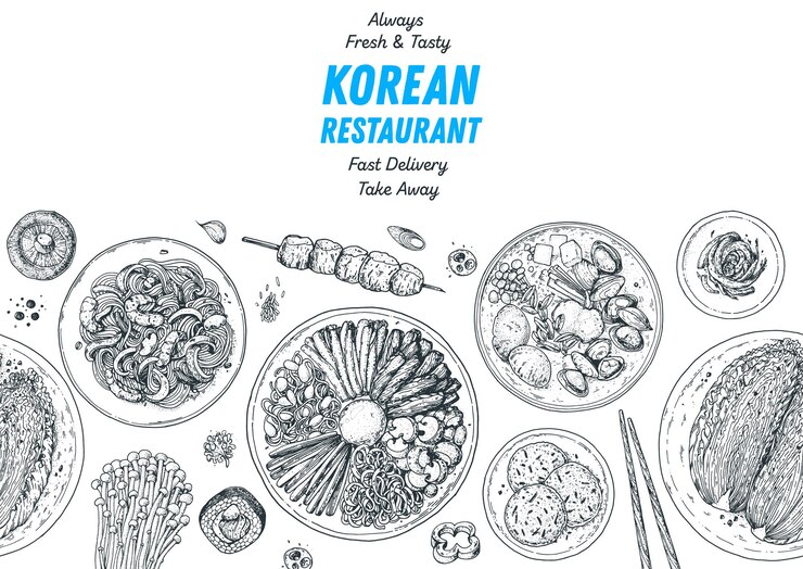 Vector korean food top view illustration hand drawn sketch bibimbap kimchi ramen noodles skewers korean street food take away menu design vector illustration