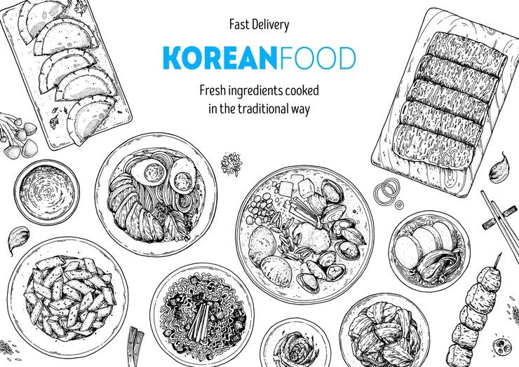 Vector korean food top view illustration hand drawn sketch ramen kimchi noodles skewers tteokbokki korean street food take away menu design vector illustration black and white engraved style