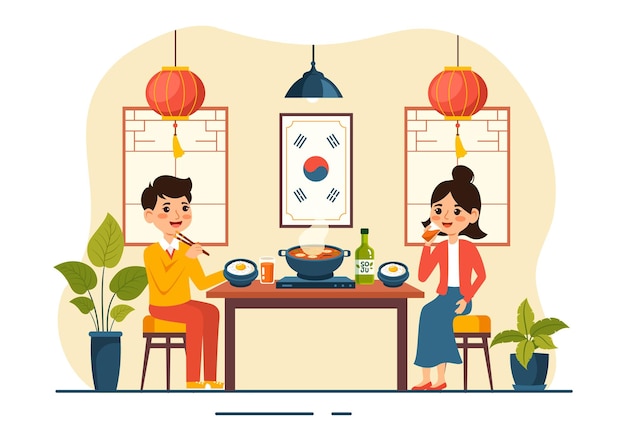 様々な伝統的で美味しい料理のセットメニューを特徴とする韓国料理ベクトルイラスト