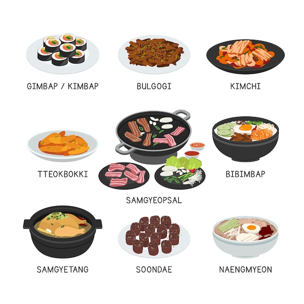 Korean food vector set. set of famous dishes in korea clipart cartoon. asian food. korean cuisine