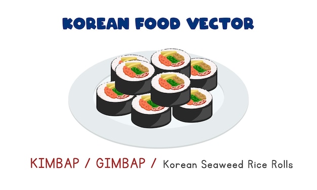 Корейский кимбап или кимбап - рисовые рулетики из морских водорослей с плоским векторным клипартом. Азиатская еда. корейская кухня
