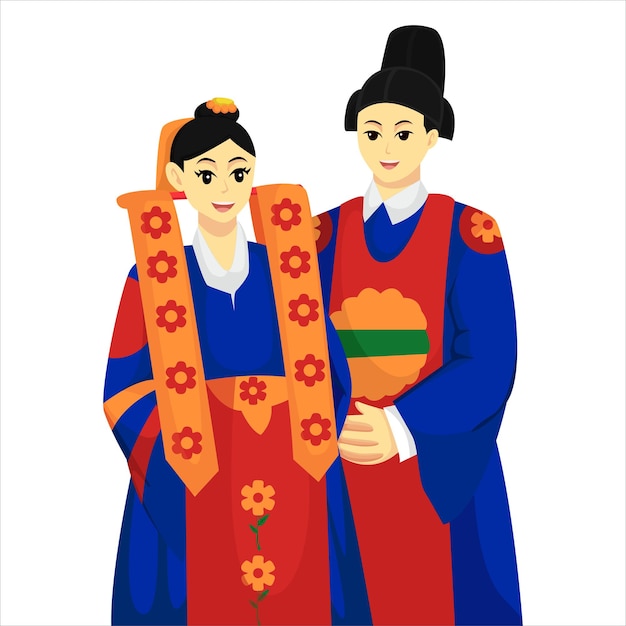 Вектор Иллюстрация дизайна свадебных персонажей корейского жениха и невесты